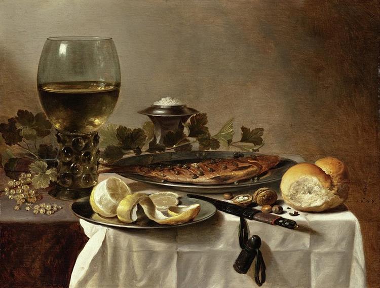 Still Life with Herring, Wine and Bread, 1647 - Pieter Claesz.