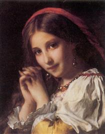 Portrait of a girl with red shawl - Adolphe Piot