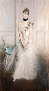 Portrait of Emiliana Concha de Ossa, full length, wearing a white dress - 乔瓦尼·波尔蒂尼