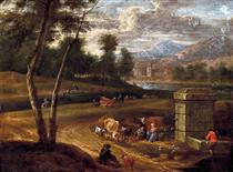 lusslandschaft mit rastenden Bauern, Vieh und Brunnen - Adriaen Frans Boudewyns