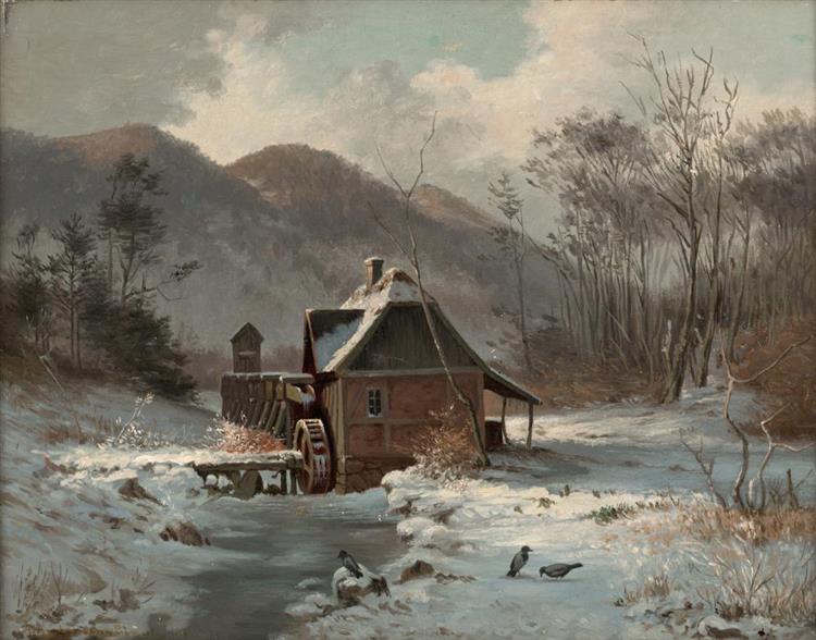 Winterlandschaft mit einer kleinen Wassermühle bei München - Anders Andersen-Lundby