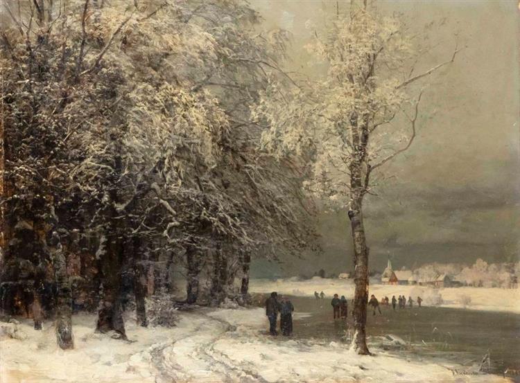 Winter landscape on the riverbank with skaters - Anders Andersen-Lundby