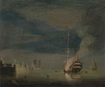 A Two-Decker on Fire at Night off a Fort - Charles Brooking