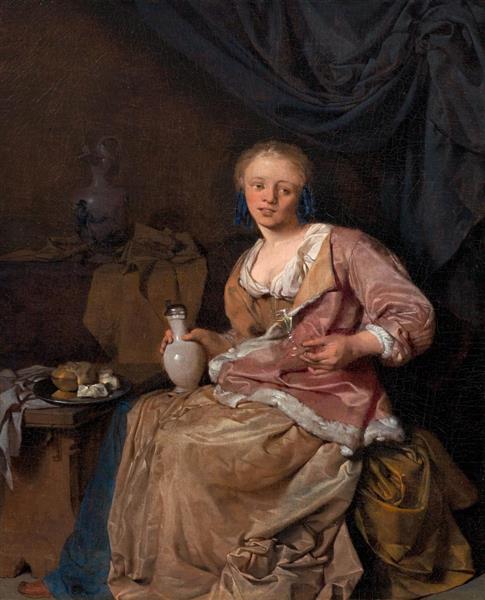 Young woman in an interior holding a glass - Cornelis Pietersz. Bega
