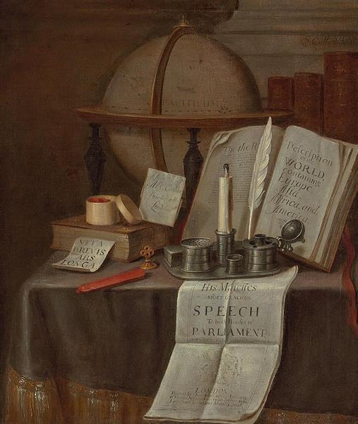 Omnia Vanitas: a book with a paper marker inscribed VITA BREVIS ARS LONGA, a glove, an open copy of 'Description of the World', a pewter standish with a candle, and a pamphlet from 1698, on a table - Edward Collier