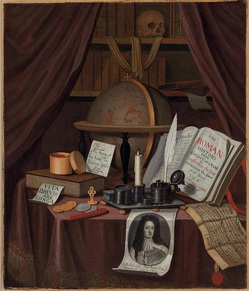 A vanitas for John Turing, with a globe showing the signs of the Zodiac, a history of Rome, an engraving of Henry III of England and a document on a table with coins, writing materials and other memorabilia by a bookshelf with a skull and mauve drapes, in an interior - Edward Collier