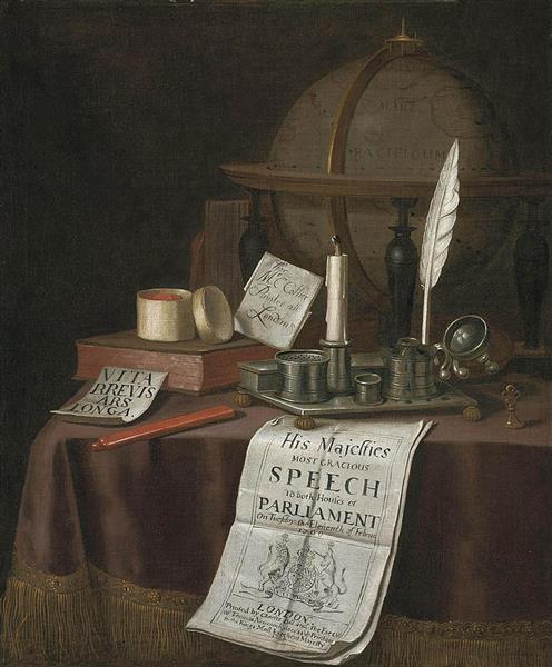 A globe, an inkwell with a candle, books and other objects on a draped table - Edward Collier