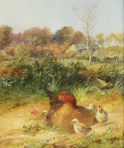 Study of a hen and her chicks on a country lane - George Hickin