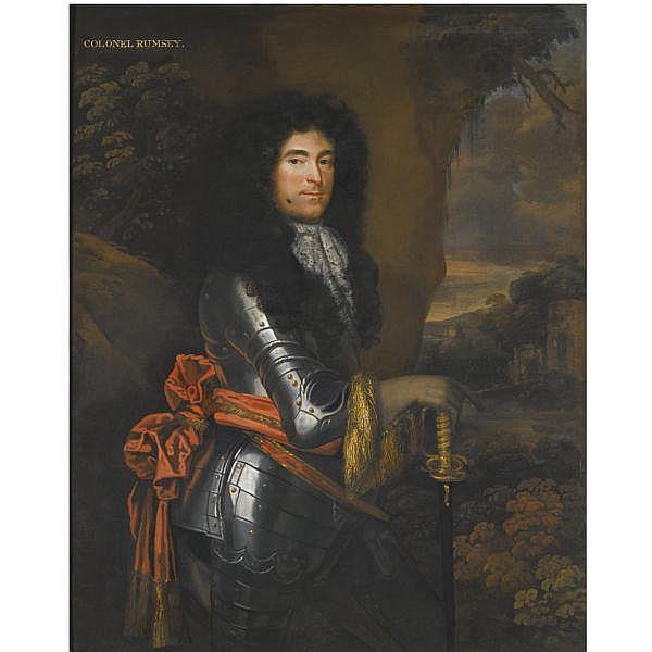 Portrait of Colonel John Rumsey ( fl. 1660-1686), three-quarter length, wearing armour, standing before a landscape - Jacob Huysmans