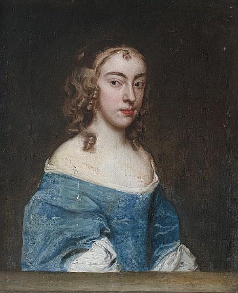 Portrait of a lady, bust-length, in an oyster satin dress with blue wrap and jewelled clasps, in a feigned oval - Jacob Huysmans