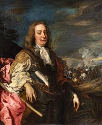 Portrait of a commander in armour in front of a battle in gun smoke - Jacob Huysmans