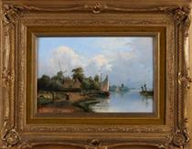 Summer Dutch river view with boats, cattle and figures - Johannes Joseph Destrée