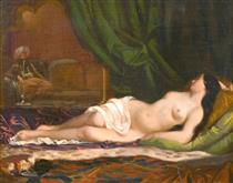 Study of a naked recumbent female draped in a diaphanous cloth - Leopold Muller
