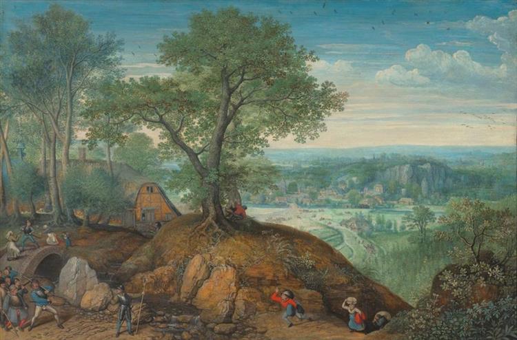 An extensive landscape with plundering soldiers - Lucas van Valckenborch