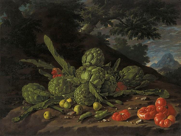 Artichokes and tomatoes in a landscape - Luis Meléndez