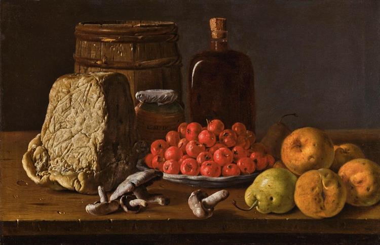 Still life with a plate of azaroles, fruit, mushrooms, cheese and receptacles - Luis Meléndez