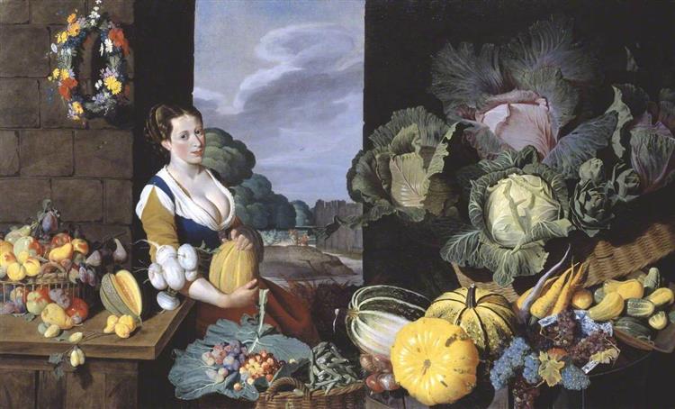 Cookmaid with Still Life of Vegetables and Fruit - Nathaniel Bacon