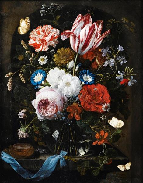 A still life of a red and white tulip, a carnation, roses, forget-me-nots, dwarf morning glory, nasturtiums and other flowers in a glass vase together with butterflies and other insects, all on a stone ledge with a watch and a key on a blue satin ribbon - Nicolaes van Verendael