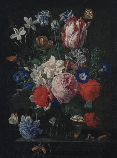 Still Life of Roses, Peony, Semper Augustus Tulip, Morning Glories and other Flowers on a Ledge - Nicolaes van Verendael
