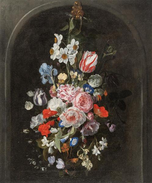 Bouquet of roses and tulips in a stone niche - Nicolaes van Verendael
