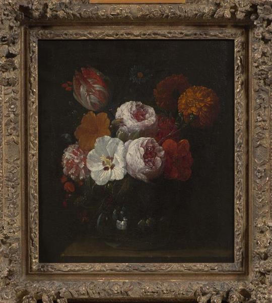 A Flower Still Life with Roses, a Carnation, a Parrot Tulip and Other Flowers, All in a Glass Vase - Nicolaes van Verendael