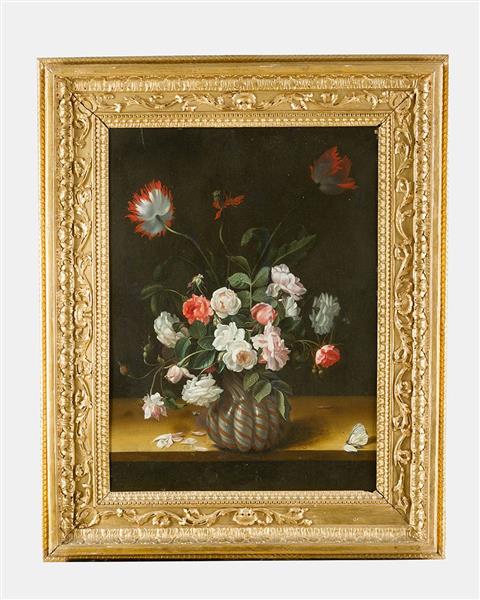 flower still-life with roses and others in a fluted Venetian glass vase with water-drops and butterfly on a wooden table - Paolo Porpora
