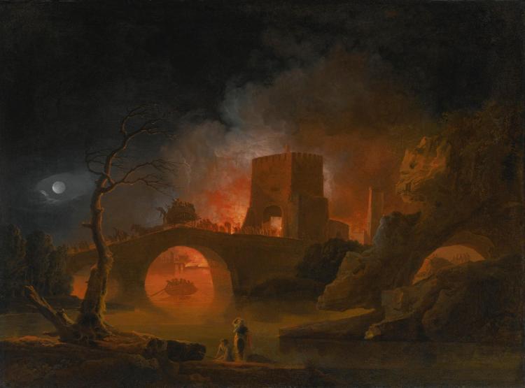 A moonlit river landscape with figures fleeing a burning city - Pierre-Jacques Volaire