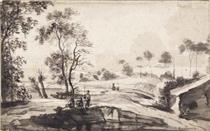 A wooded river landscape with fishermen - Roelant Roghman