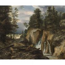ROCKY LANDSCAPE WITH A WATERFALL AND TWO FIGURES RESTING - Roelant Roghman