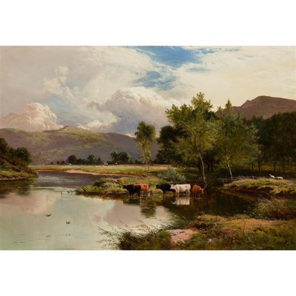 CATTLE WATERING IN A WOODED RIVER LANDSCAPE - Sidney Richard Percy