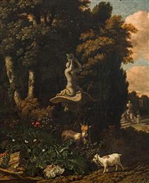 Landscape with goats and a fountain - Abraham Begeyn