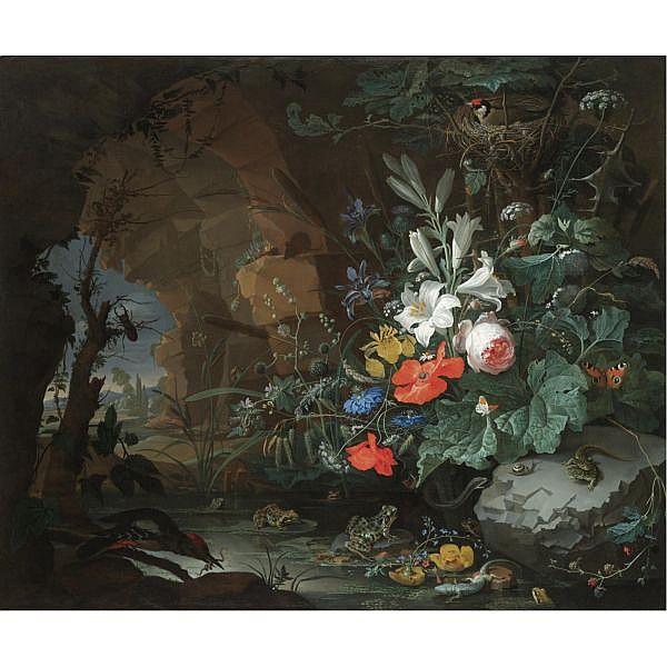 The interior of a grotto with a rock-pool, frogs, salamanders, a bird's nest and a large bouquet of flowers including poppies and lilies, a view of a landscape through the cave opening beyond - Abraham Mignon