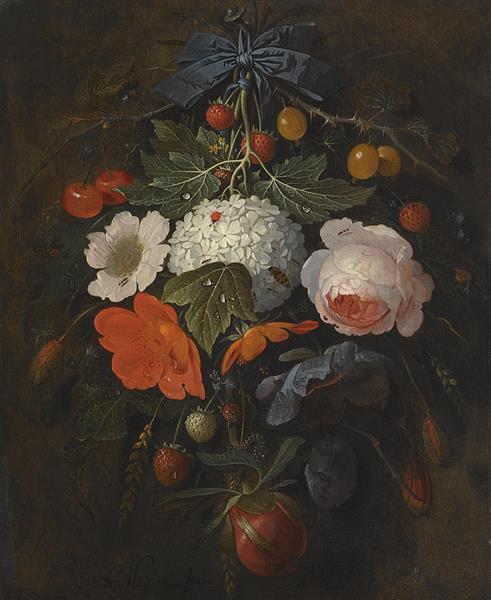 A FESTOON OF FLOWERS AND FRUIT, INCLUDING A PINK ROSE, A POPPY, A SNOWBALL, GOOSEBERRIES AND FRAISES DE BOIS, ALONG WITH A VARIETY OF INSECTS - Abraham Mignon