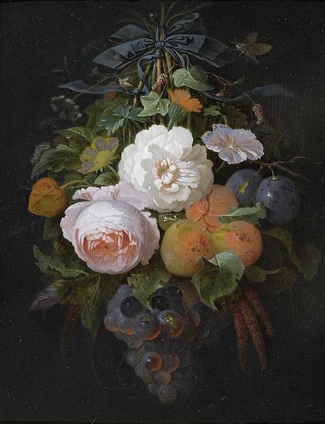 Composition with suspended flowers, grapes and plums - Abraham Mignon