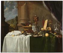 Mesa con postres o Bodegón con un mantel caído - Andries Benedetti