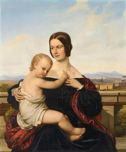 Portrait of a Young Mother with Child in front of a Broad Italian Landscape - Benno Frederick Toermer