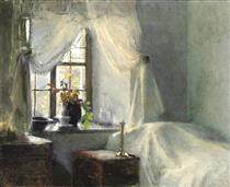 Interior from a bedroom with a view through the window towards the garden - Bertha Wegmann