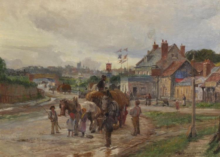 A Town Scene, with Figures by a Haycart, an Inn beyond, with a Steam Train in the distance - Charles William Wyllie