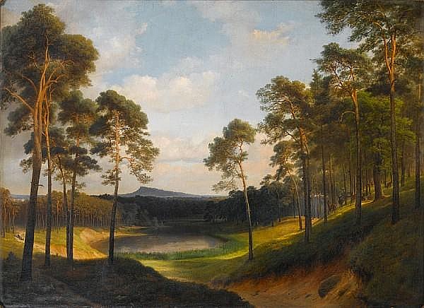 Extensive wooded landscape with a lake in the distance - Eduard Gaertner