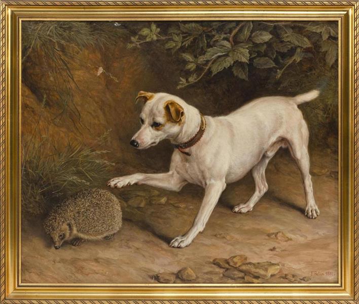 A dog poking a hedgehog - Frank Paton