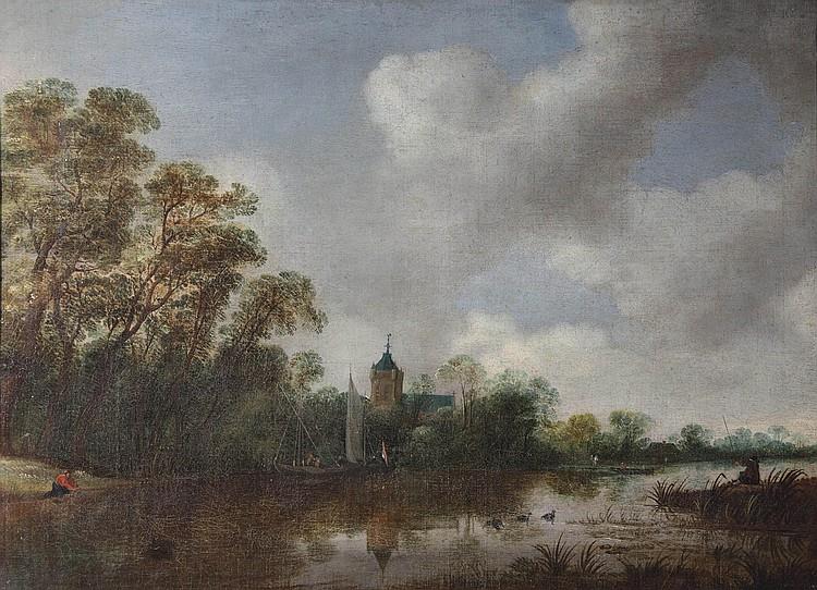A river landscape with various vessels, a church beyond - Frans de Hulst