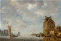 River scene with sailing boats and houses - Frans de Hulst