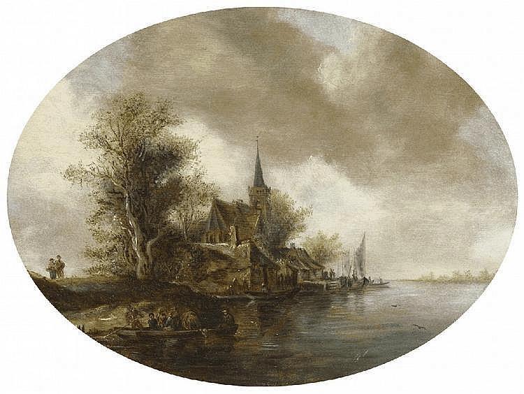 RIVER LANDSCAPE WITH CHURCH AND FERRY BOAT - Frans de Hulst