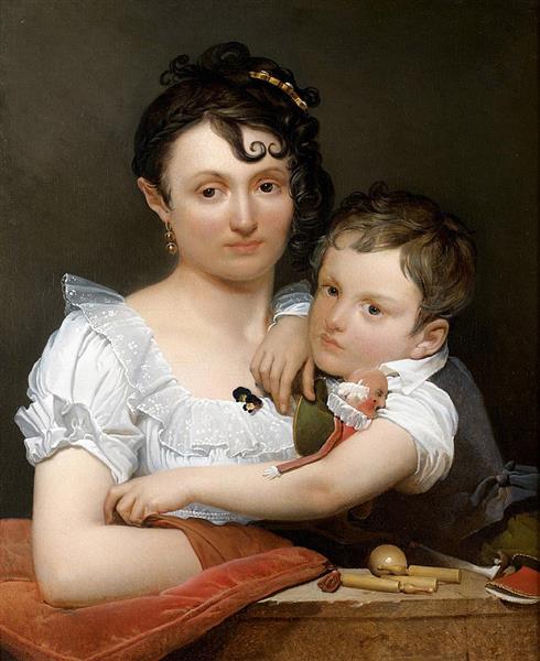 Portrait d'une jeune mère et de son fils avec des jouets, accoudés à un bord de fenêtre - Henri-Francois Riesener