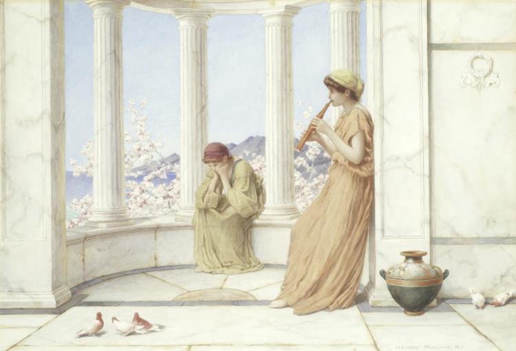 Classical maidens on the terrace, one playing an aulos - Henry Ryland
