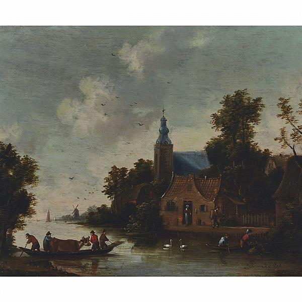 COASTAL VILLAGE SCENE WITH BOATMEN AND WINDMILL IN DISTANCE - Isaac Ouwater
