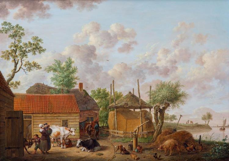 A farm with animals by the river - Isaac Ouwater