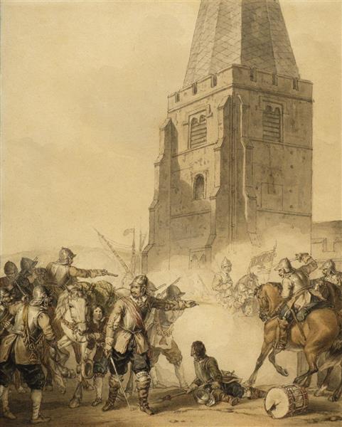 An English Civil War skirmish by a spired church - John Augustus Atkinson
