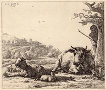 Landscape with Shepherd, Tree, and Lying Cow With Sheep - Karel Dujardin