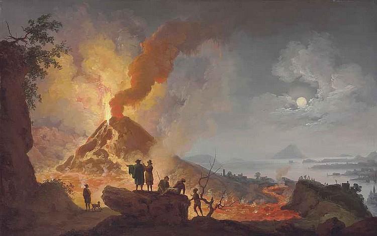 Mount Vesuvius erupting by night seen from the Atrio del Cavallo with spectators in the foreground, a panoramic view of the city and the Bay of Naples beyond - Pierre-Jacques-Antoine Volaire